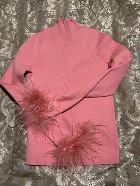 Torn by Ronny Kobo Pink Feather Cuff Ribbed Mock Neck Sweater